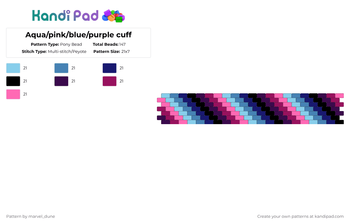 Aqua/pink/blue/purple cuff - Pony Bead Pattern by marvel_dune on Kandi Pad - purple,pink