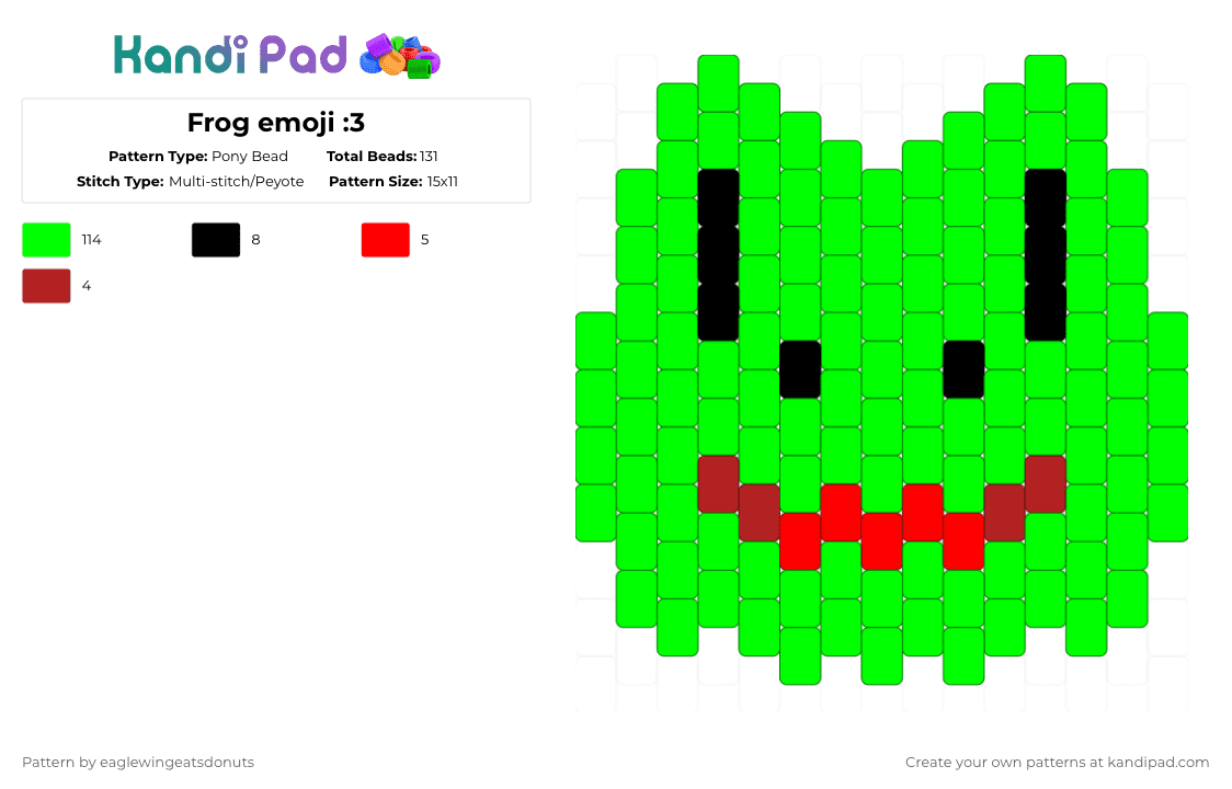 Frog emoji :3 - Pony Bead Pattern by eaglewingeatsdonuts on Kandi Pad - green,frog,emoji,frogs,silly,charm