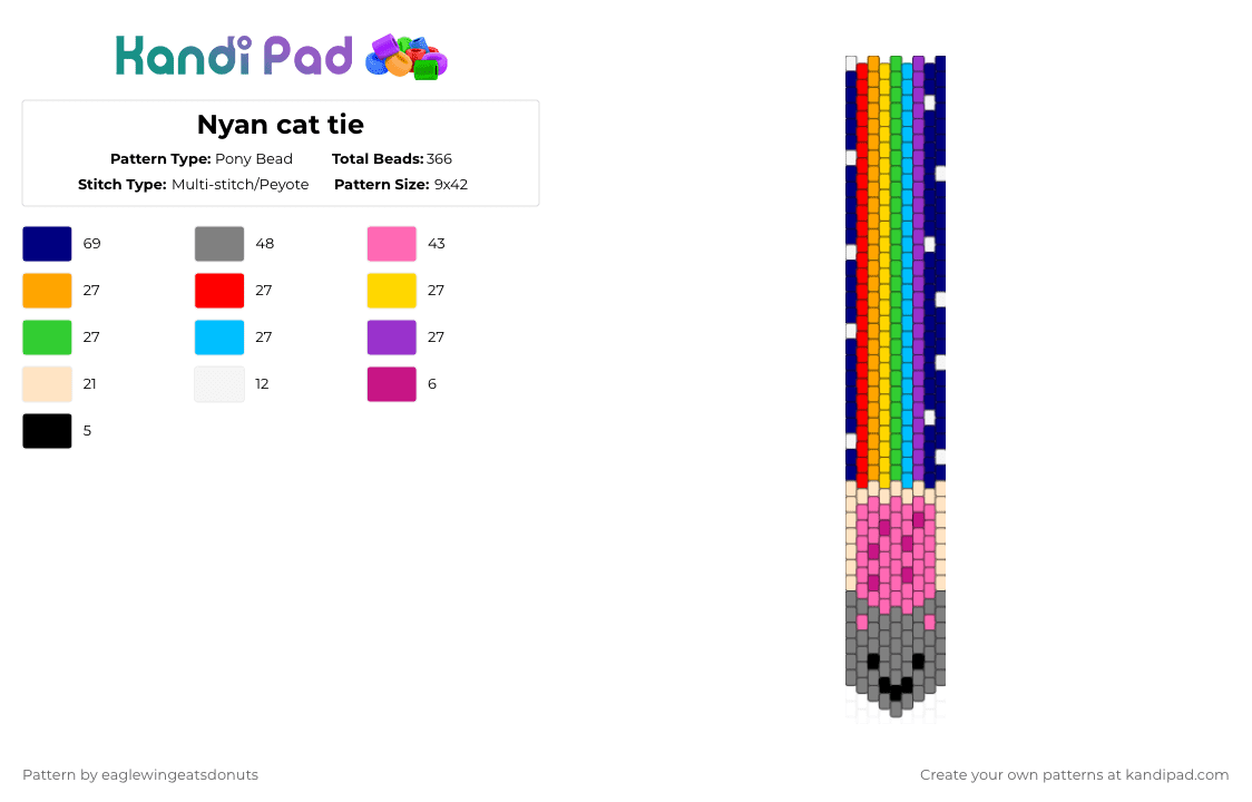 Nyan cat tie - Pony Bead Pattern by eaglewingeatsdonuts on Kandi Pad - pink,gray,purple,nyan cat,nyan,cat,rainbow,tie,odd peyote,kandi tie,kitty