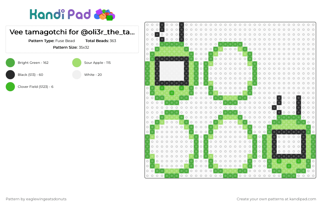 Vee tamagotchi for @oli3r_the_tanuki :] - Fuse Bead Pattern by eaglewingeatsdonuts on Kandi Pad - green,tamagotchi,vee,dandys world,perler,cotdcollectibles