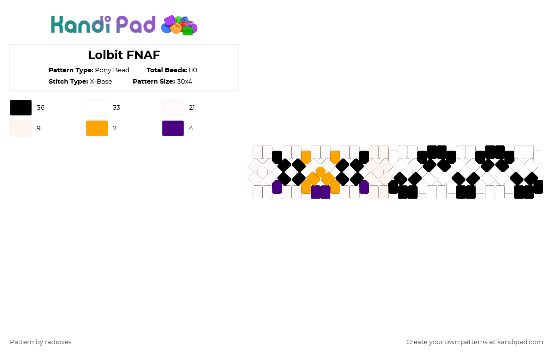 Lolbit FNAF - Pony Bead Pattern by radioves on Kandi Pad - white,purple,orange,fnaf,animal,animatronic,checkerboard