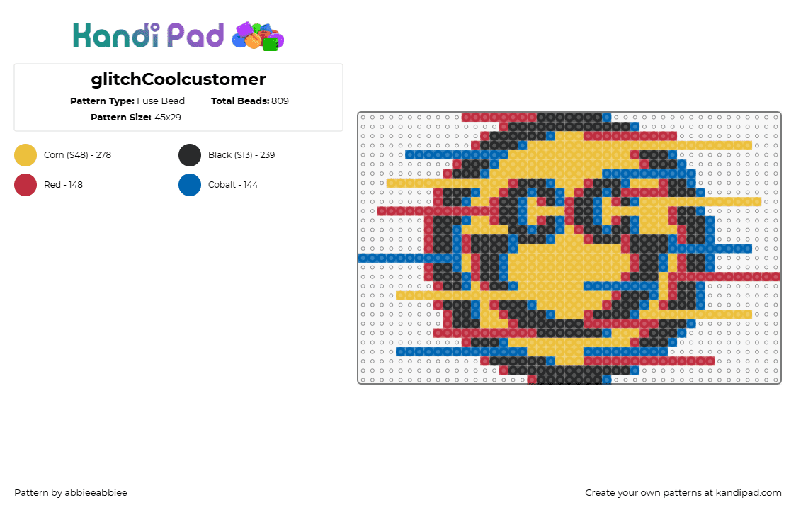 glitchCoolcustomer - Fuse Bead Pattern by abbieeabbiee on Kandi Pad - cool customer,glitch,smiley,emoji,music,dj,edm,sticker,logo,yellow,black,blue,red