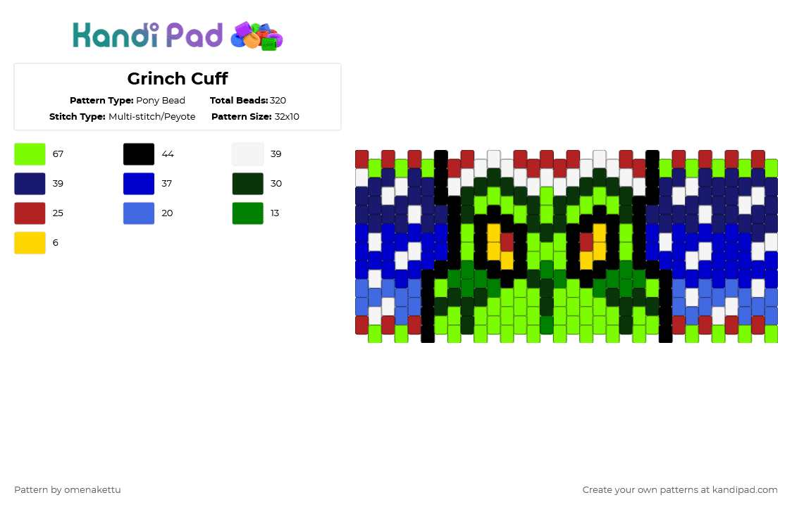 Grinch Cuff - Pony Bead Pattern by omenakettu on Kandi Pad - green,purple