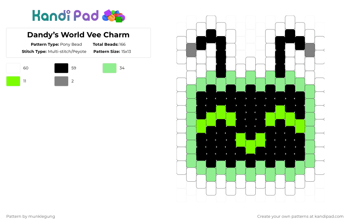Dandy’s World Vee Charm - Pony Bead Pattern by munklegung on Kandi Pad - white,teal,dandys world,vee,peyote,multi stitch,charm