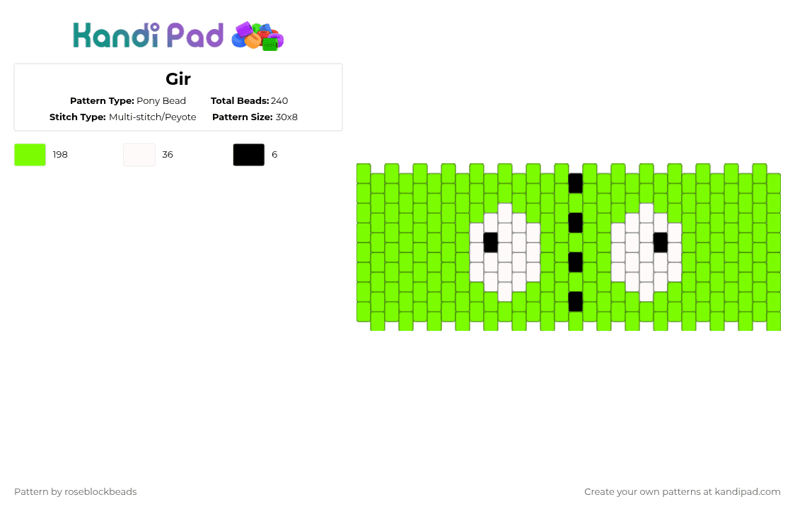 Gir - Pony Bead Pattern by roseblockbeads on Kandi Pad - green,invaderzim,gir,cuff