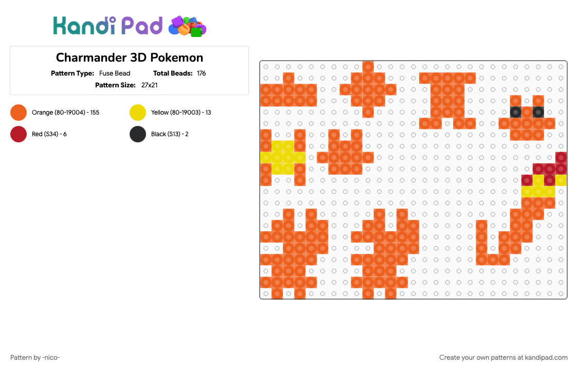 Charmander 3D Pokemon - Fuse Bead Pattern by -nico- on Kandi Pad - 3d, charmander, orange, pokemon