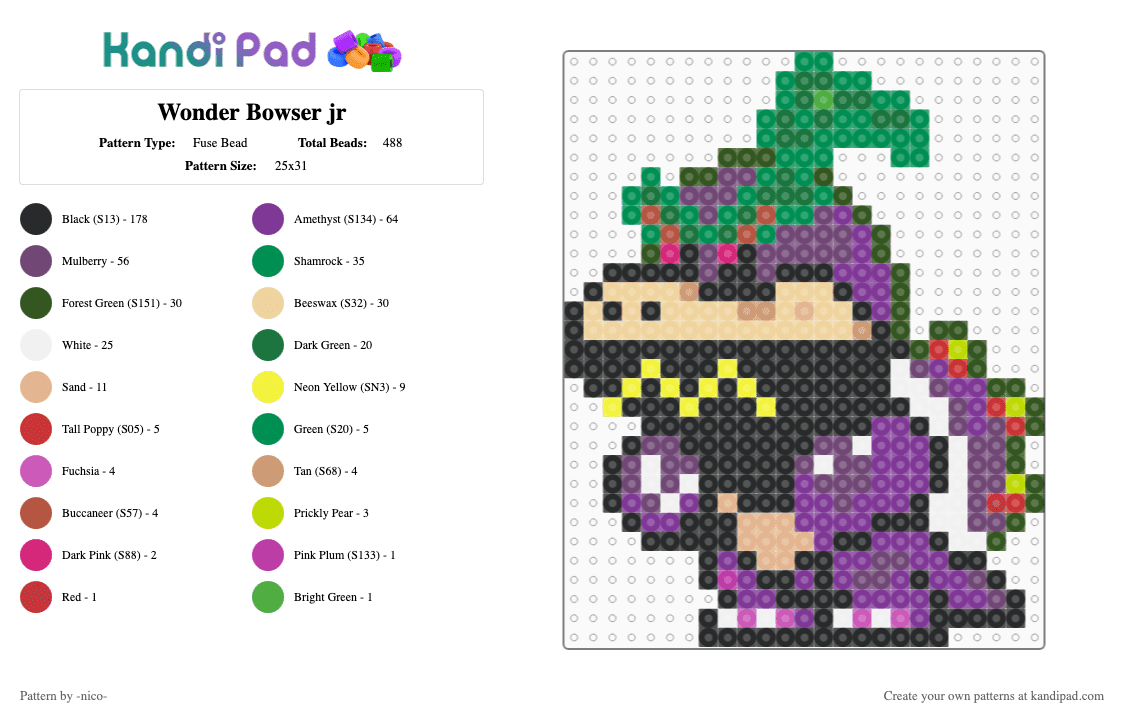 Wonder Bowser jr - Fuse Bead Pattern by -nico- on Kandi Pad - pink,beige,green,mario bros,bowser jr,bowsy