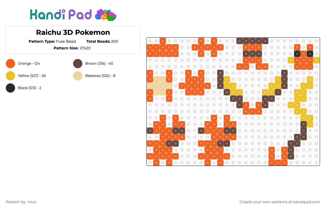 Raichu 3D Pokemon - Fuse Bead Pattern by -nico- on Kandi Pad - orange,raichu,pokemon,3d