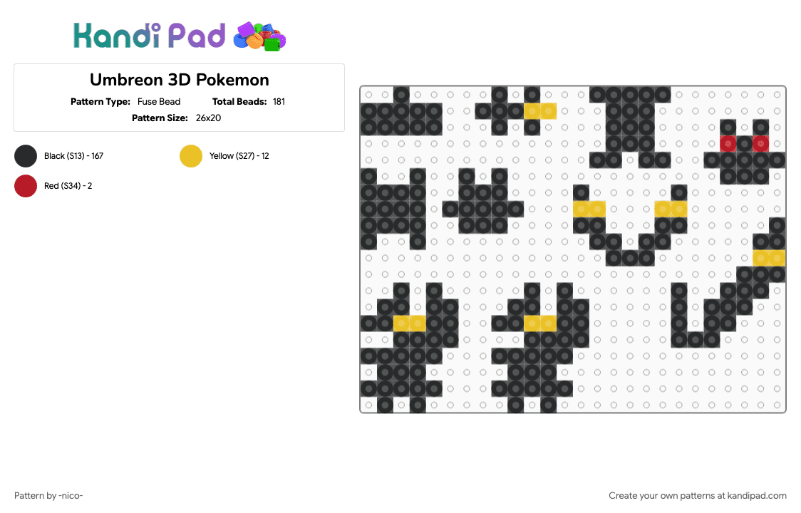 Umbreon 3D Pokemon - Fuse Bead Pattern by -nico- on Kandi Pad - 3d, black, pokemon, umbreon, yellow