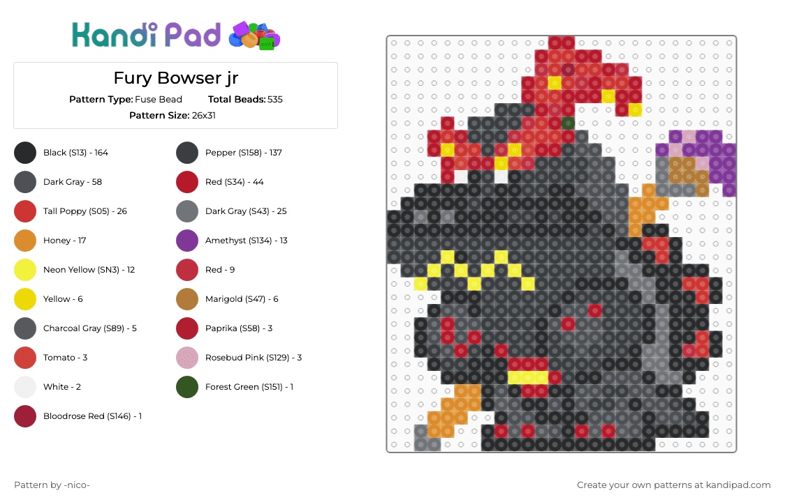 Fury Bowser jr Fuse Bead Pattern - Kandi Pad | Kandi Patterns, Fuse ...
