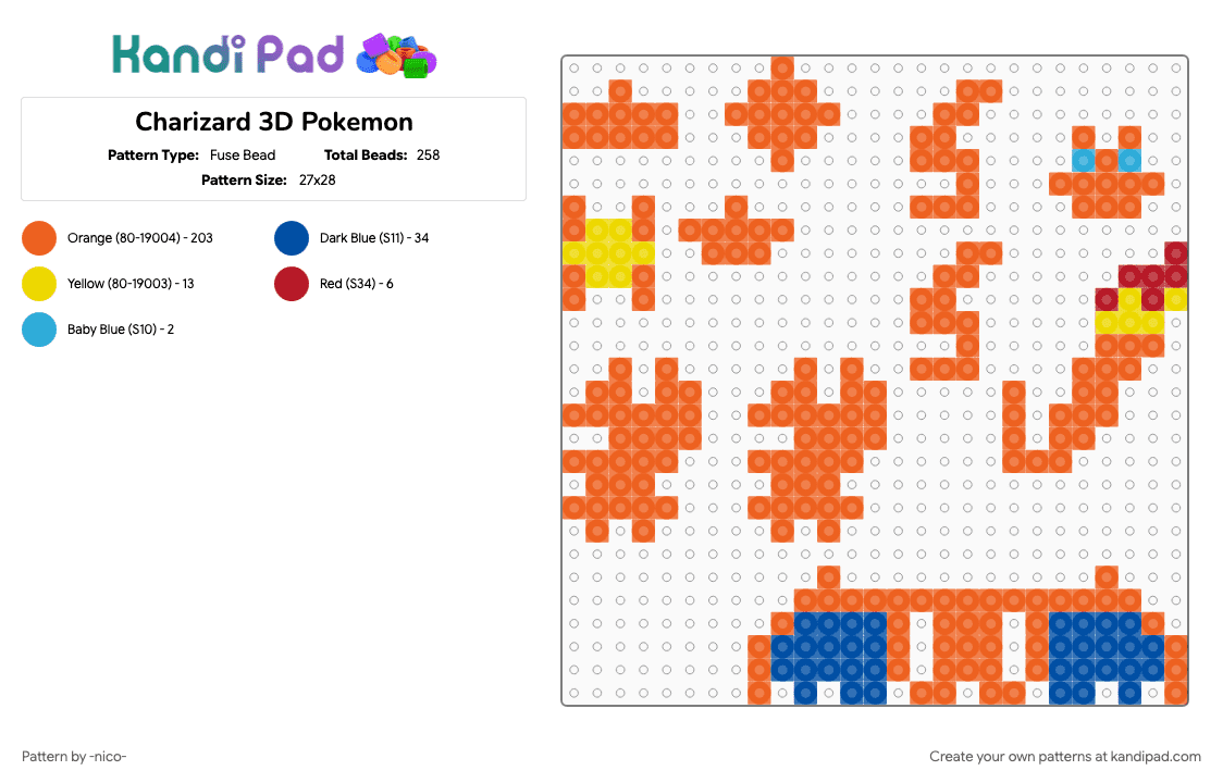 Charizard 3D Pokemon - Fuse Bead Pattern by -nico- on Kandi Pad - 3d, charizard, orange, pokemon