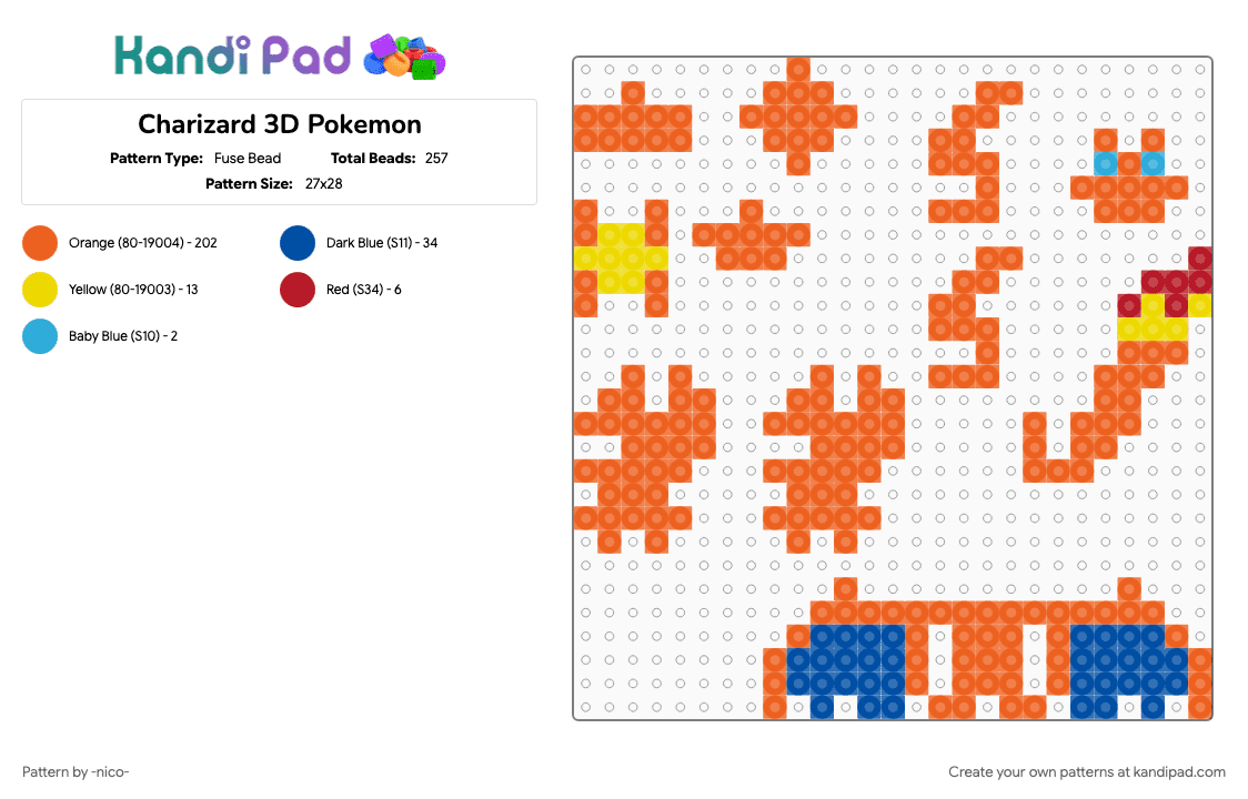 Charizard 3D Pokemon - Fuse Bead Pattern by -nico- on Kandi Pad - 3d, charizard, orange, pokemon