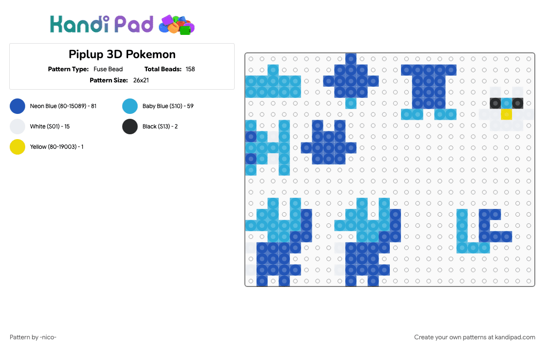 Piplup 3D Pokemon - Fuse Bead Pattern by -nico- on Kandi Pad - 3d, blue, light blue, piplup, pokemon