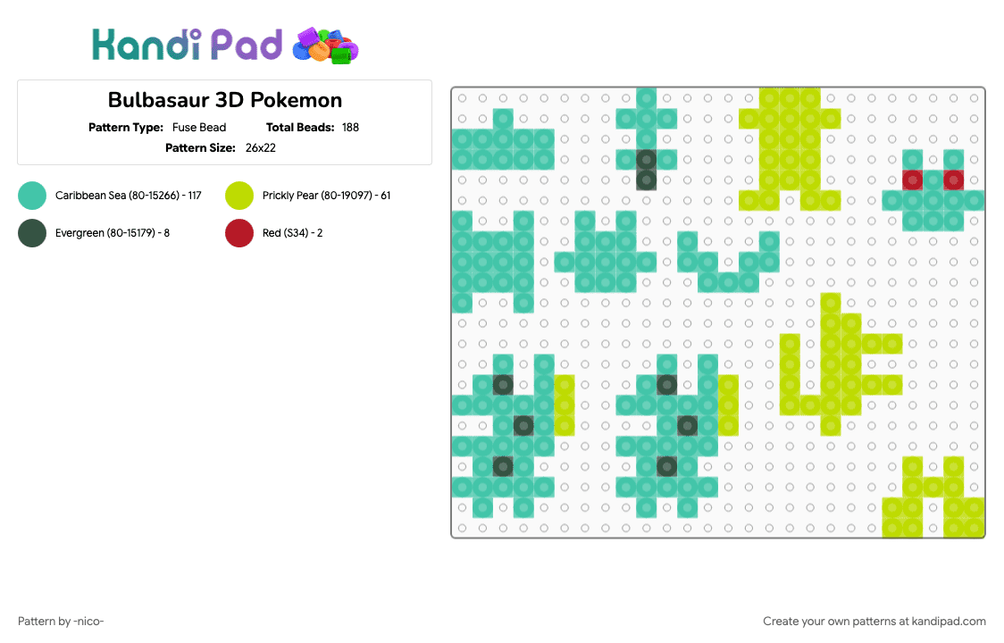 Bulbasaur 3D Pokemon - Fuse Bead Pattern by -nico- on Kandi Pad - 3d, bulbasaur, green, pokemon, teal