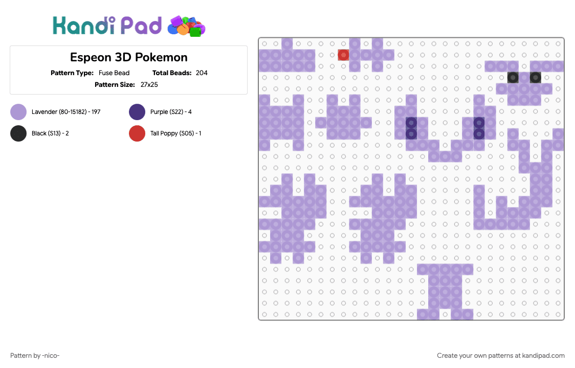 Espeon 3D Pokemon - Fuse Bead Pattern by -nico- on Kandi Pad - 3d, espeon, pink, pokemon, puzzle