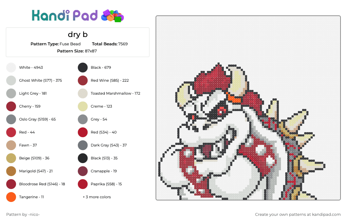 dry bowser - Fuse Bead Pattern by -nico- on Kandi Pad - white,red,gray,beige,mario,bowser,dry
