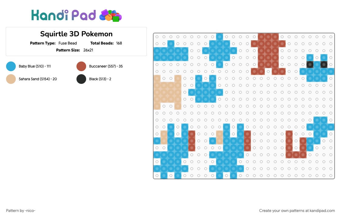 Squirtle 3D Pokemon - Fuse Bead Pattern by -nico- on Kandi Pad - 3d, light blue, pokemon, squirtle