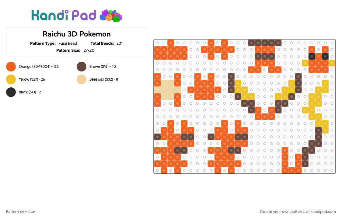 Raichu 3D Pokemon - Fuse Bead Pattern by -nico- on Kandi Pad - 3d, orange, pokemon, raichu