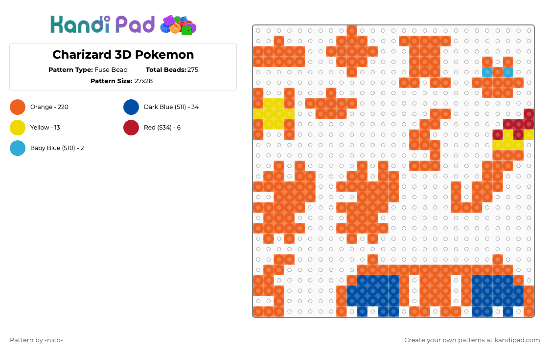 Charizard 3D Pokemon - Fuse Bead Pattern by -nico- on Kandi Pad - orange,charizard,pokemon,3d