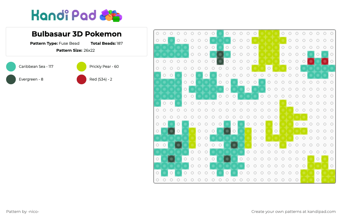 Bulbasaur 3D Pokemon - Fuse Bead Pattern by -nico- on Kandi Pad - teal,green,bulbasaur,pokemon,3d