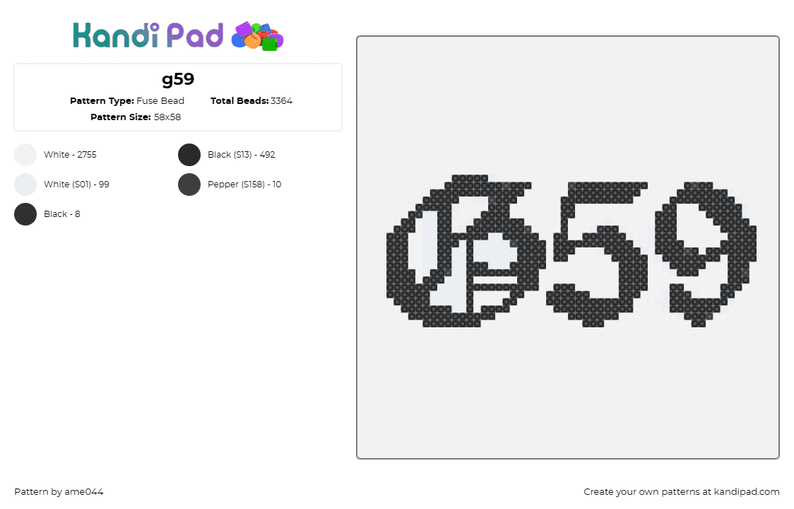 g59 - Fuse Bead Pattern by ame044 on Kandi Pad - g59,grey five nine,suicide boys,music,sleek,culture,fan craft,black,white