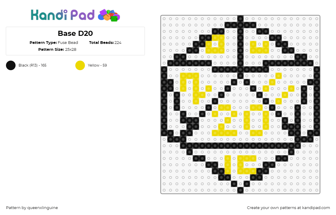 Base D20 - Fuse Bead Pattern by queenxlinguine on Kandi Pad - d20,dice,gaming,numbers,dnd,dungeons and dragons,outline,black,yellow