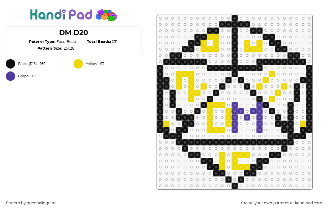 DM D20 - Fuse Bead Pattern by queenxlinguine on Kandi Pad - d20,dice,dungeon master,gaming,numbers,dnd,dungeons and dragons,outline,black,ye