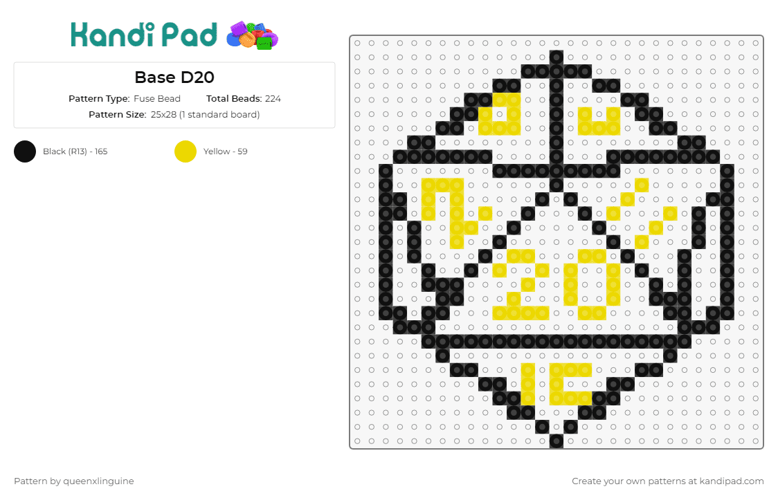 Base D20 - Fuse Bead Pattern by queenxlinguine on Kandi Pad - d20,dice,gaming,numbers,dnd,dungeons and dragons,outline,black,yellow