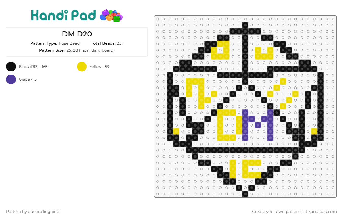 DM D20 - Fuse Bead Pattern by queenxlinguine on Kandi Pad - d20,dice,dungeon master,gaming,numbers,dnd,dungeons and dragons,outline,black,yellow