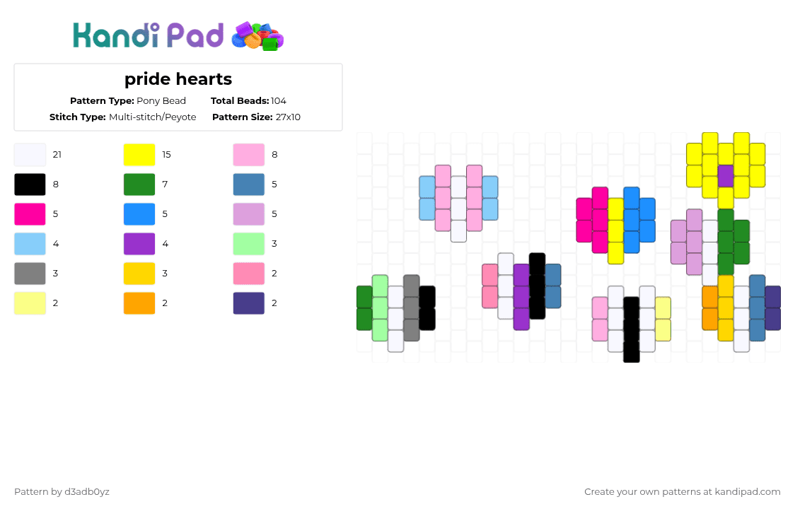 pride hearts - Pony Bead Pattern by d3adb0yz on Kandi Pad - light blue,pink,yellow,trans,pan,twink,aromantic,gender fluid,aroace,inter sex,genderqueer