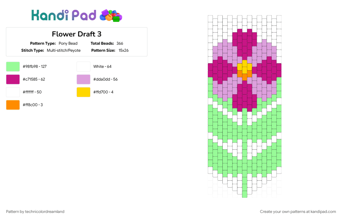 Flower Draft 3 - Pony Bead Pattern by technicolordreamland on Kandi Pad - pink, teal