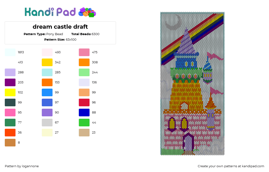 dream castle draft - Pony Bead Pattern by logannone on Kandi Pad - castle,fantasy,medieval,colorful,rainbow,pink,yellow,orange