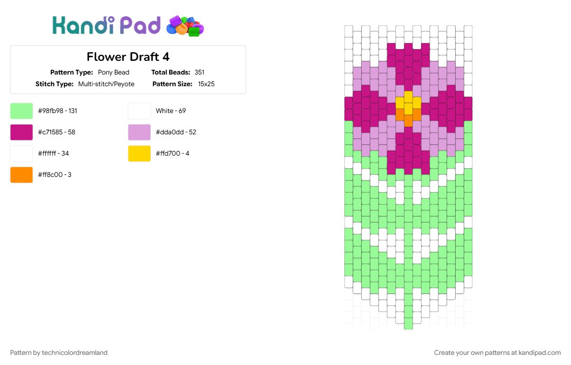 Flower Draft 4 - Pony Bead Pattern by technicolordreamland on Kandi Pad - pink, teal