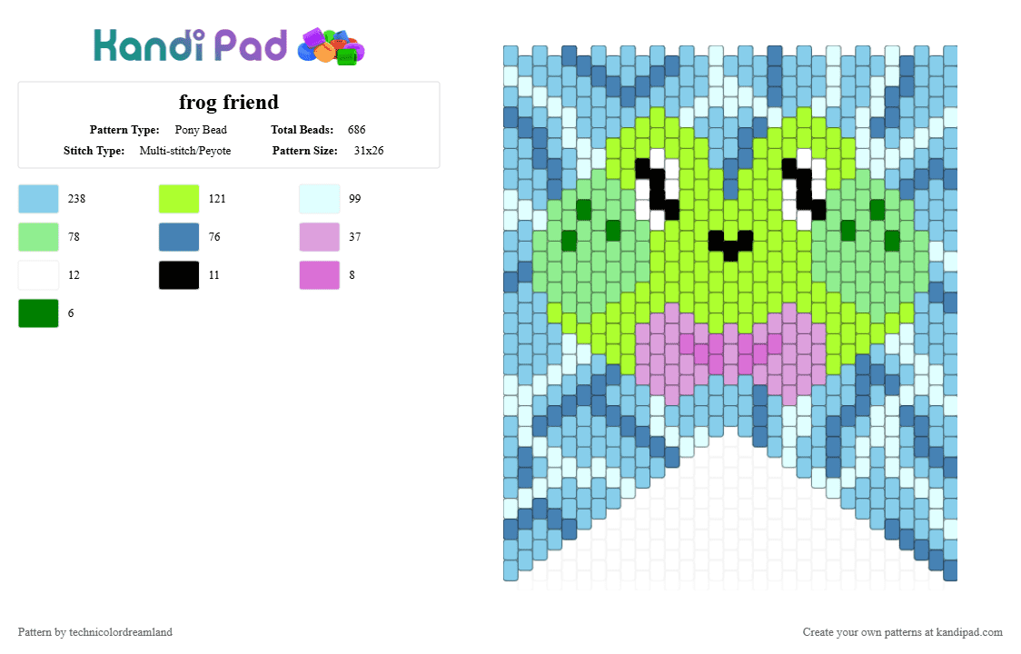 frog friend - Pony Bead Pattern by technicolordreamland on Kandi Pad - green,light blue