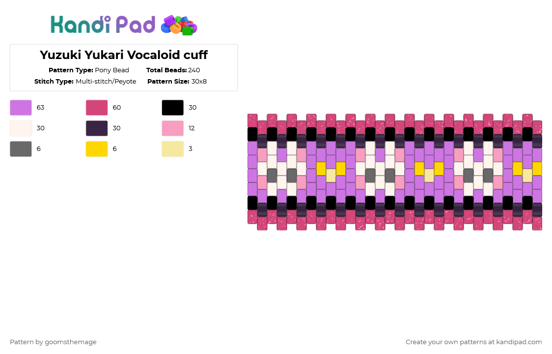 Yuzuki Yukari Vocaloid cuff - Pony Bead Pattern by goomsthemage on Kandi Pad - pink,vocaloid,music,yuzuki yukari