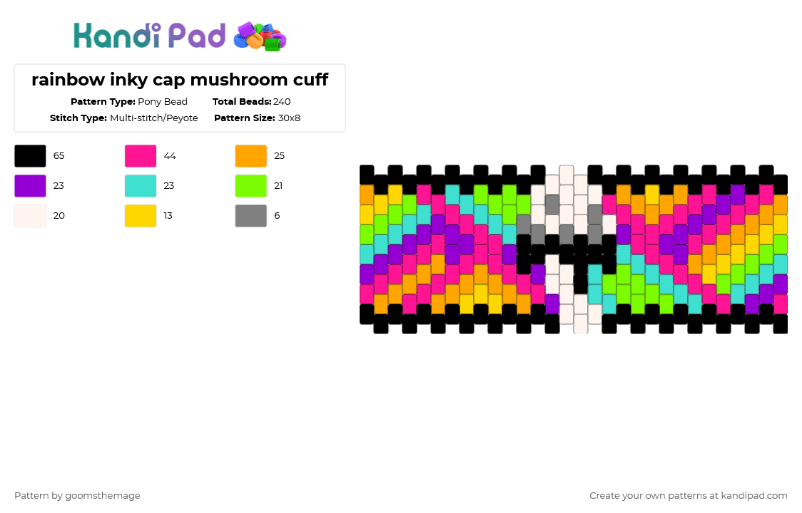rainbow inky cap mushroom cuff - Pony Bead Pattern by goomsthemage on Kandi Pad - pink,purple,green,colorful