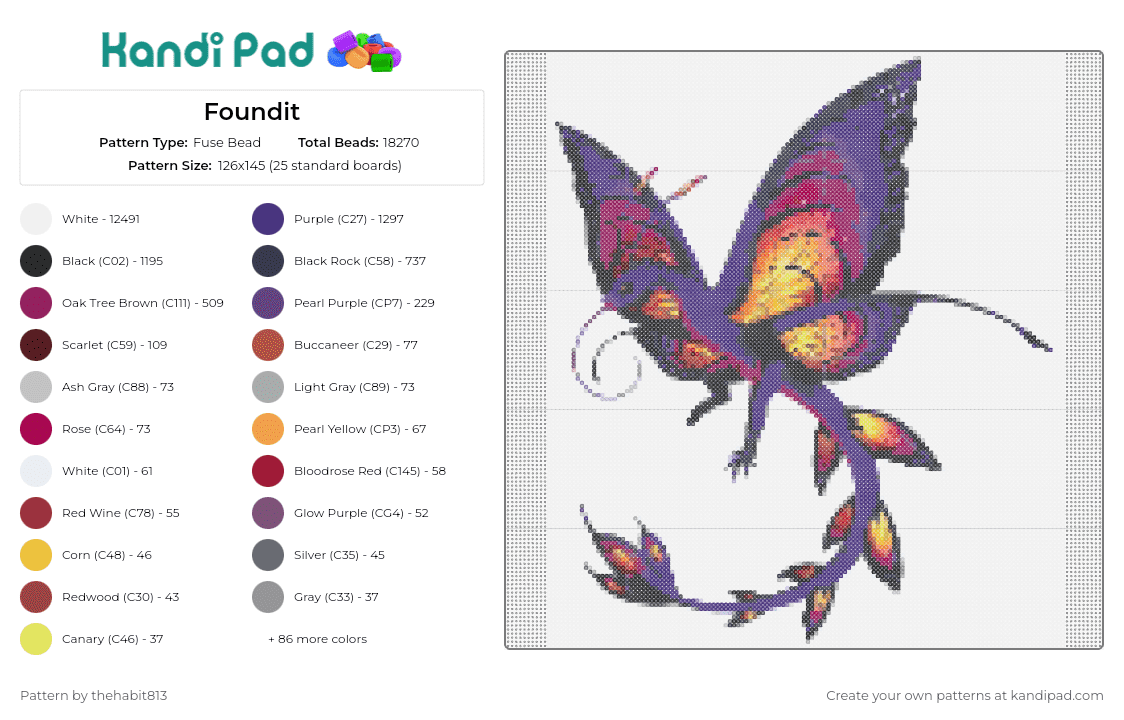 Foundit - Fuse Bead Pattern by thehabit813 on Kandi Pad - dragon,butterfly,fantasy,creature,colorful,purple,orange