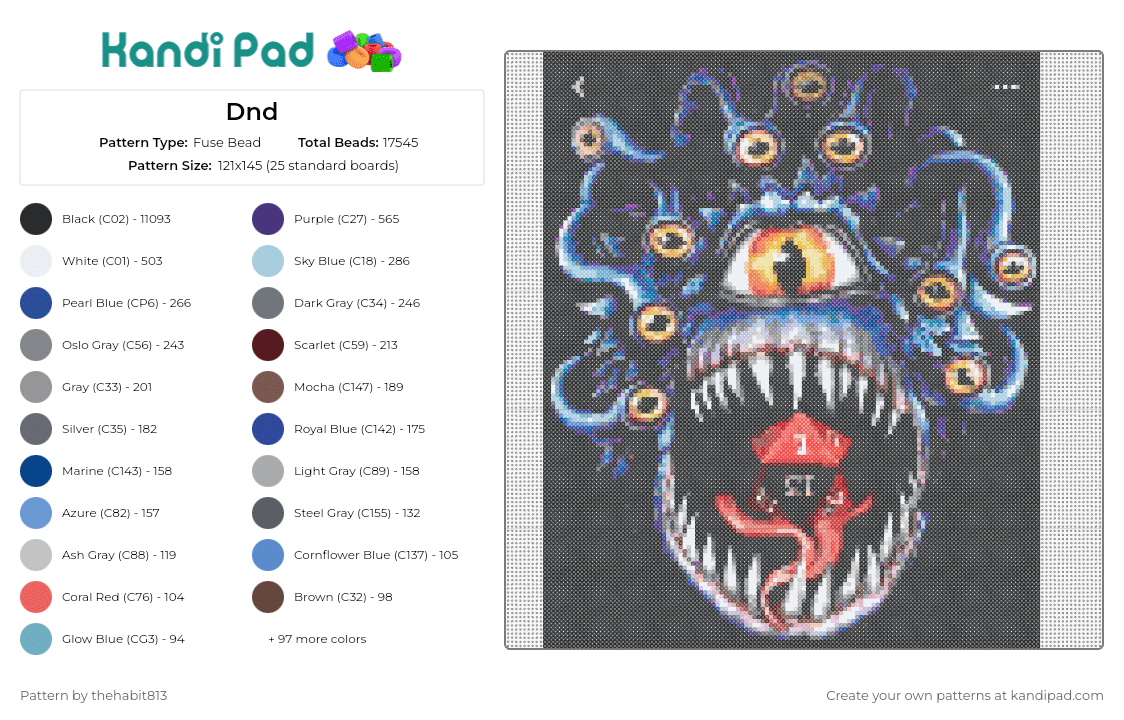 Dnd - Fuse Bead Pattern by thehabit813 on Kandi Pad - dnd,dungeons and dragons,dice,d20,eyes,medusa,monster,scary,spooky,horror,teeth,creature,blue,orange