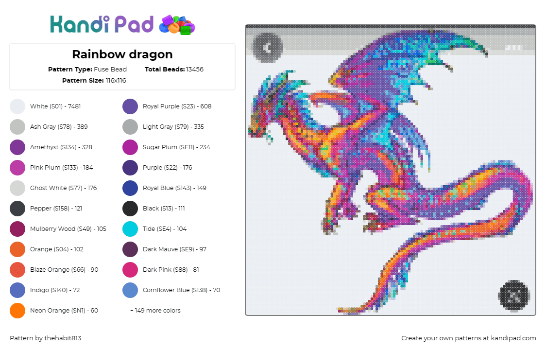 Rainbow dragon - Fuse Bead Pattern by thehabit813 on Kandi Pad - dragon,mythological,fantasy,creature,orange,blue