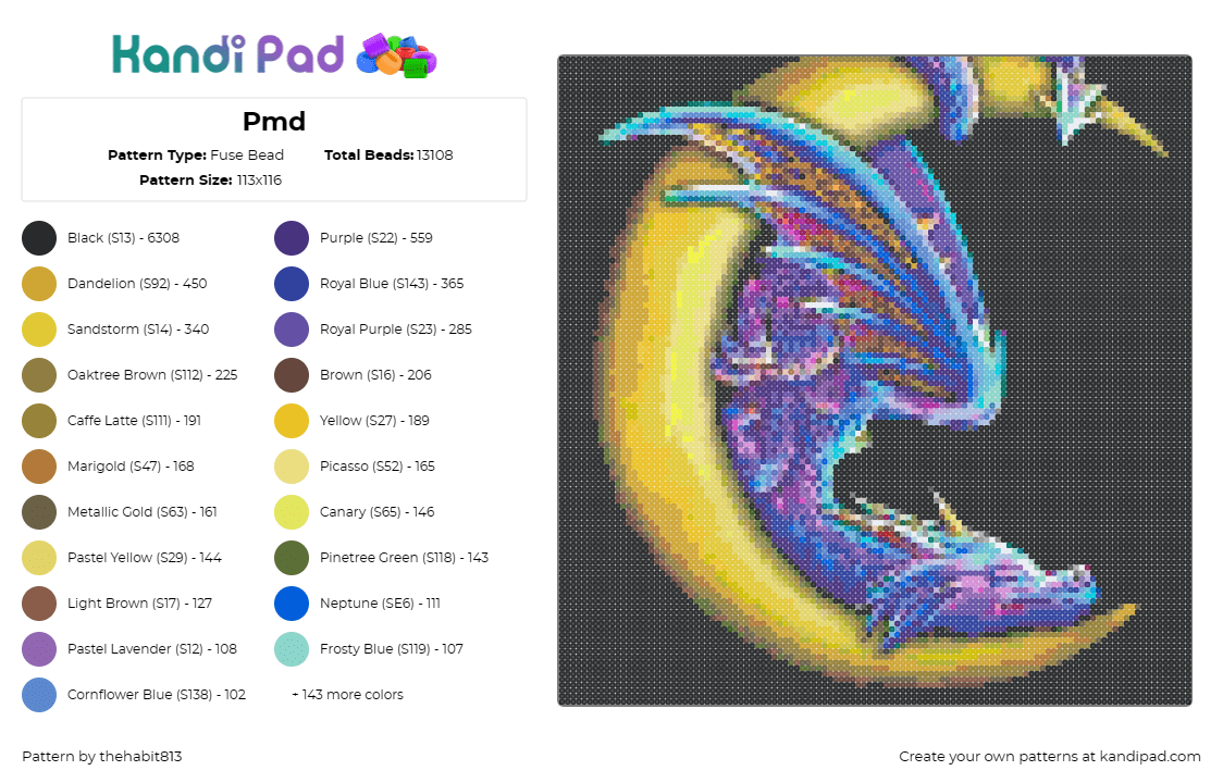 Pmd - Fuse Bead Pattern by thehabit813 on Kandi Pad - dragon,moon,mythological,fantasy,sleeping,night,purple,yellow