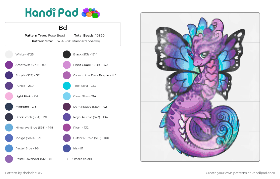 Bd - Fuse Bead Pattern by thehabit813 on Kandi Pad - dragon,fairy,fantasy,butterfly,wings,majestic,cute,purple,blue