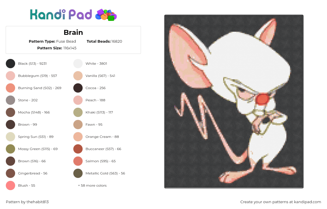 Brain - Fuse Bead Pattern by thehabit813 on Kandi Pad - brain,pinky and the brain,mouse,rat,character,warner bros,cartoon,tv show,nostalgia,black,white,pink