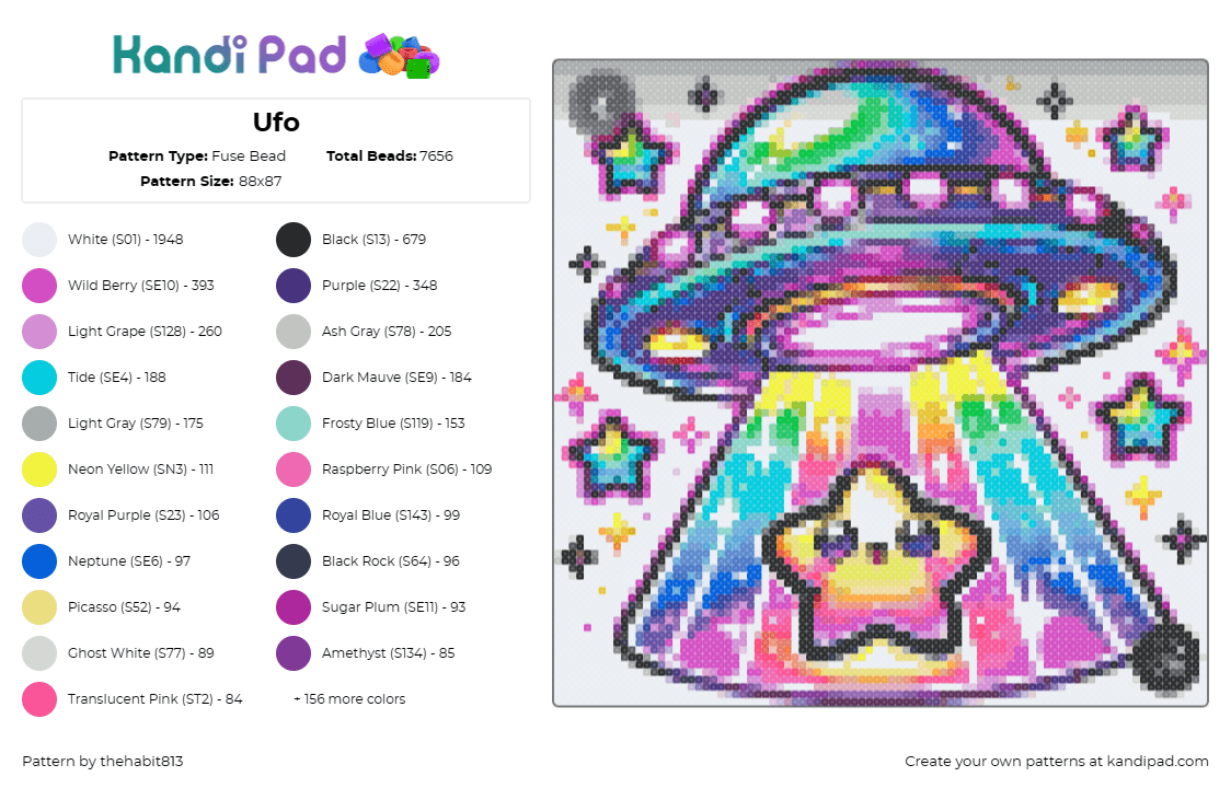 Ufo - Fuse Bead Pattern by thehabit813 on Kandi Pad - ufo,flying saucer,space ship,colorful,cute,star,green,blue,yellow,pink