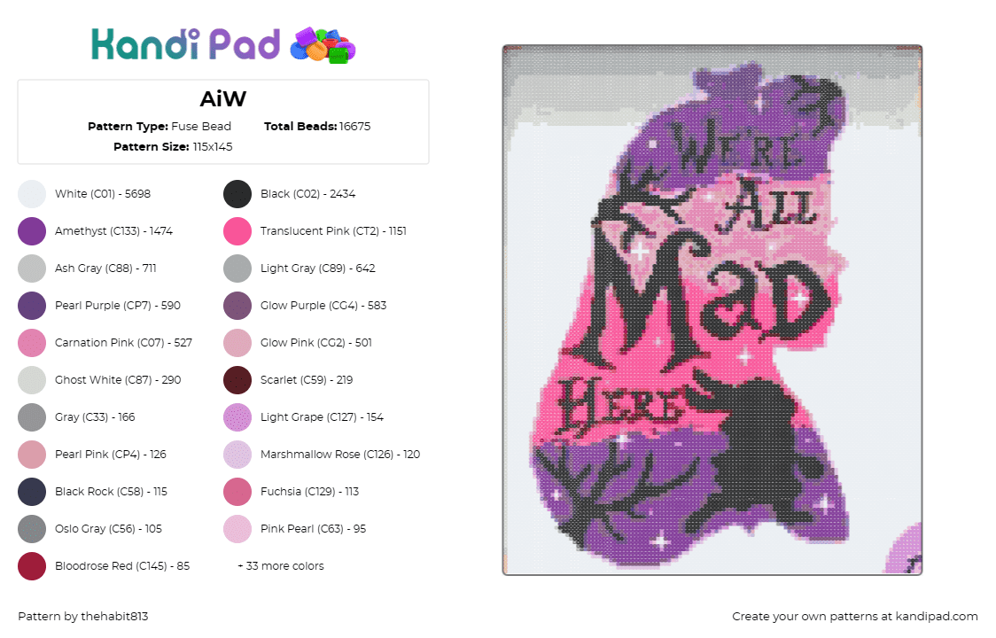 AiW - Fuse Bead Pattern by thehabit813 on Kandi Pad - were all mad here,alice in wonderland,silhouette,sign,story,pink,purple