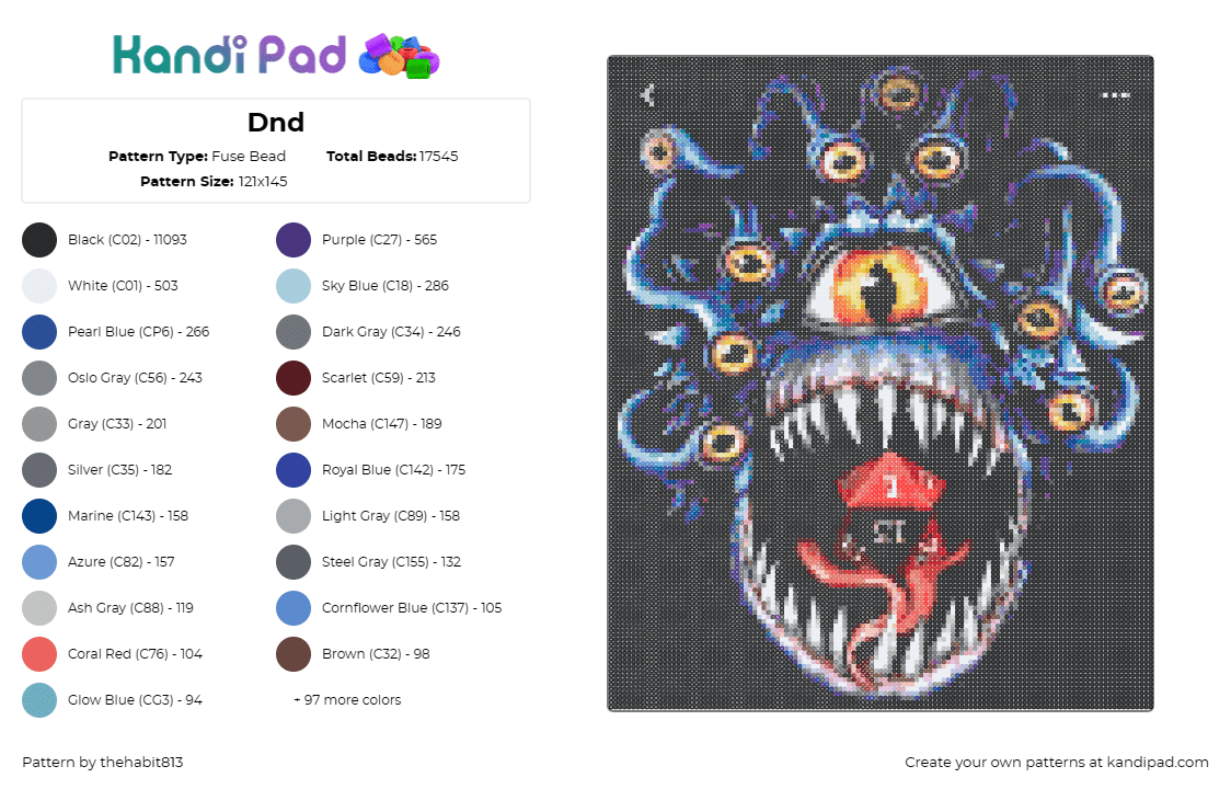 Dnd - Fuse Bead Pattern by thehabit813 on Kandi Pad - dnd,dungeons and dragons,dice,d20,eyes,medusa,monster,scary,spooky,horror,teeth,