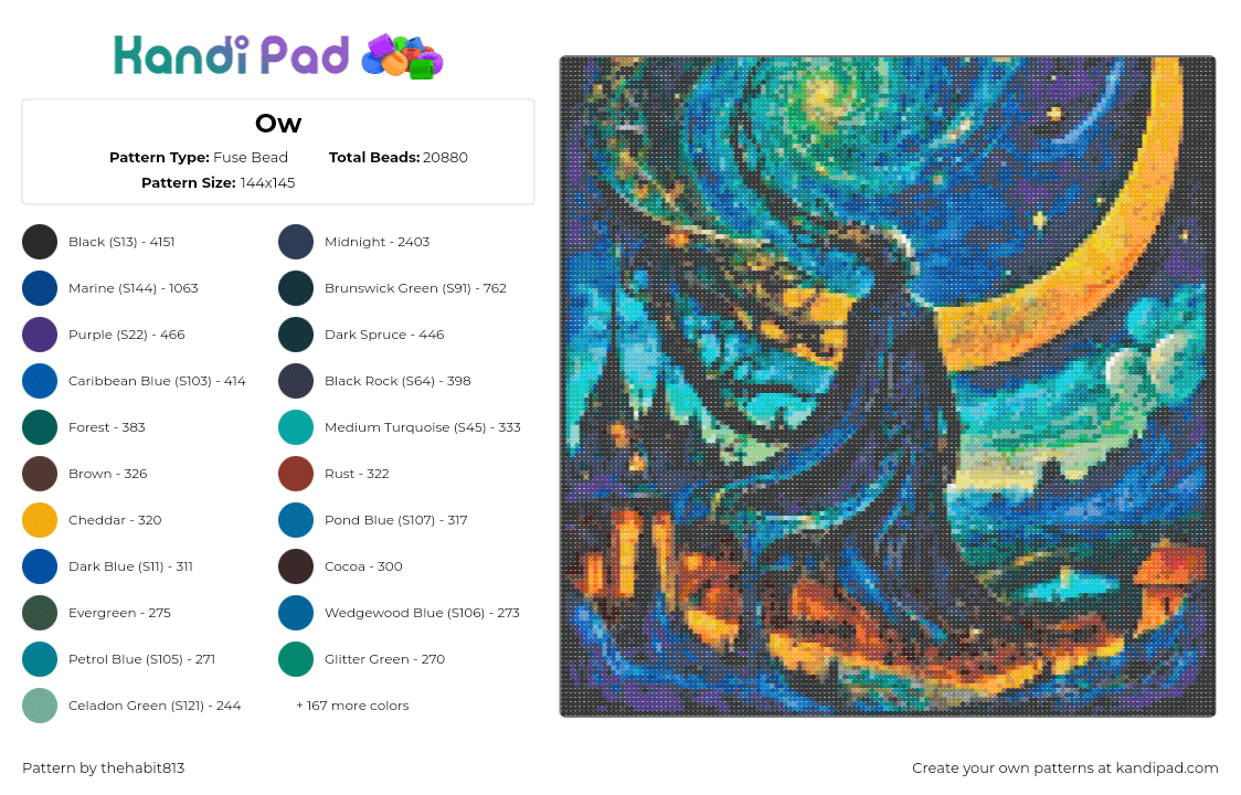 Ow - Fuse Bead Pattern by thehabit813 on Kandi Pad - fantasy,celestial,moon,art,panel,teal,blue,orange,yellow