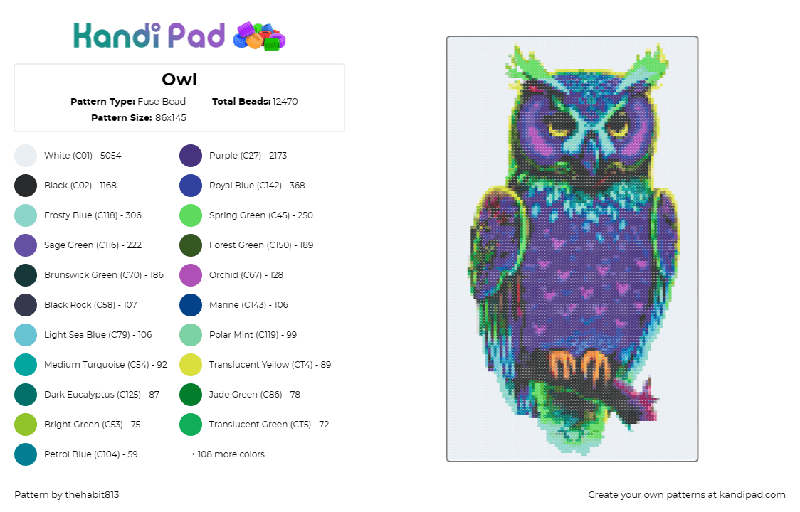 Owl - Fuse Bead Pattern by thehabit813 on Kandi Pad - owl,bird,night,glow,animal,purple,green