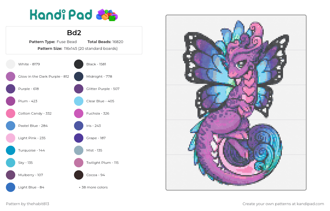 Bd2 - Fuse Bead Pattern by thehabit813 on Kandi Pad - dragon,fairy,fantasy,butterfly,wings,majestic,cute,purple,blue