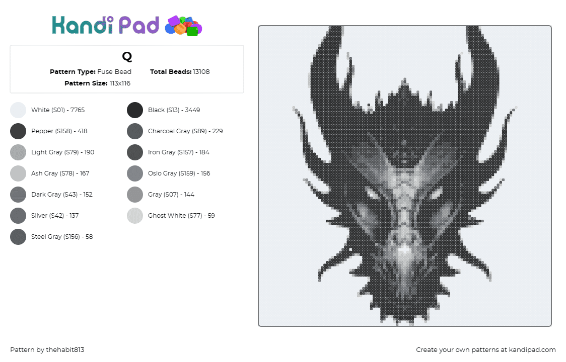 Q - Fuse Bead Pattern by thehabit813 on Kandi Pad - dragon,mythological,fantasy,intense,dark,grayscale,black