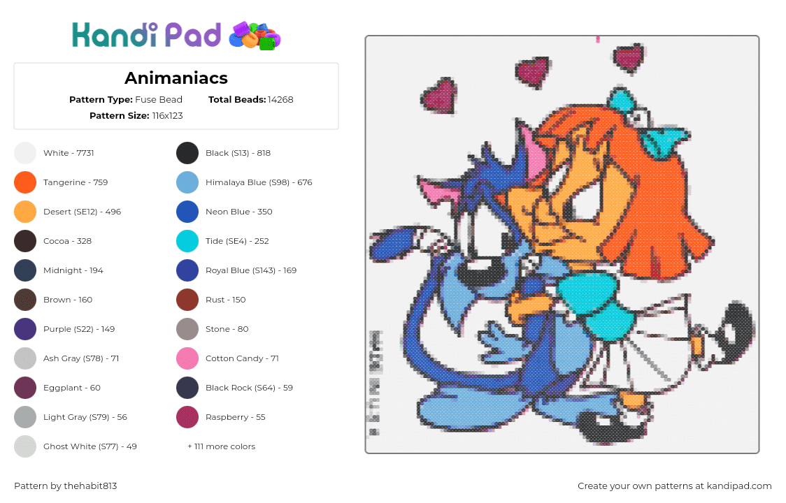 Animaniacs - Fuse Bead Pattern by thehabit813 on Kandi Pad - elmyra duff,animaniacs,characters,cat,cartoon,love,affection,blue,orange,teal